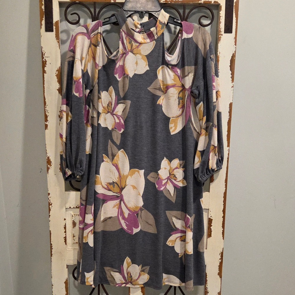 Lazy Sundays Boho Long Sleeve Floral Cold Shoulder Dress Grey Mini Shift Small